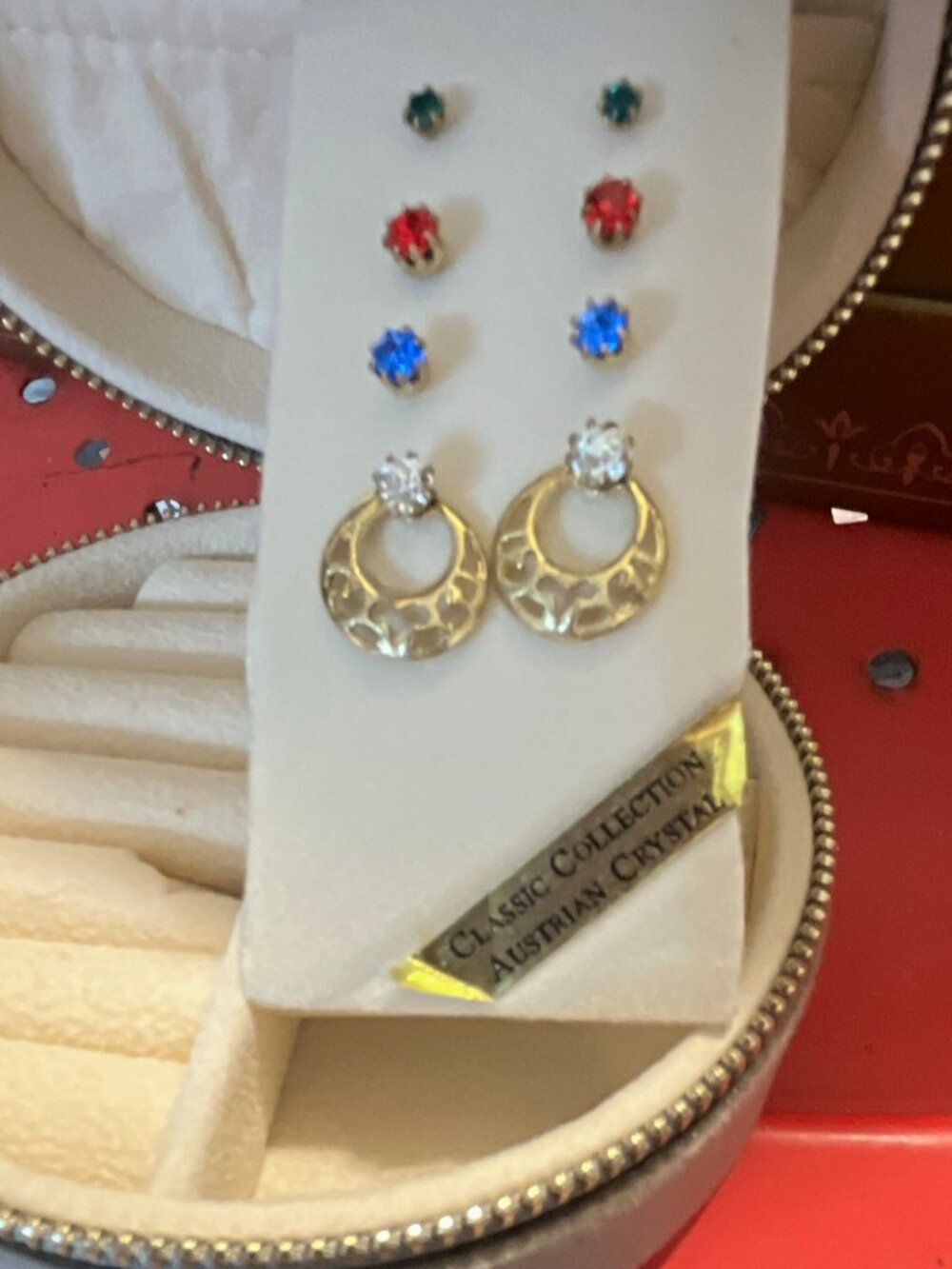 Classic Collection Austrian Crystal Stud & Dangle Earrings Set Gold Tone Round